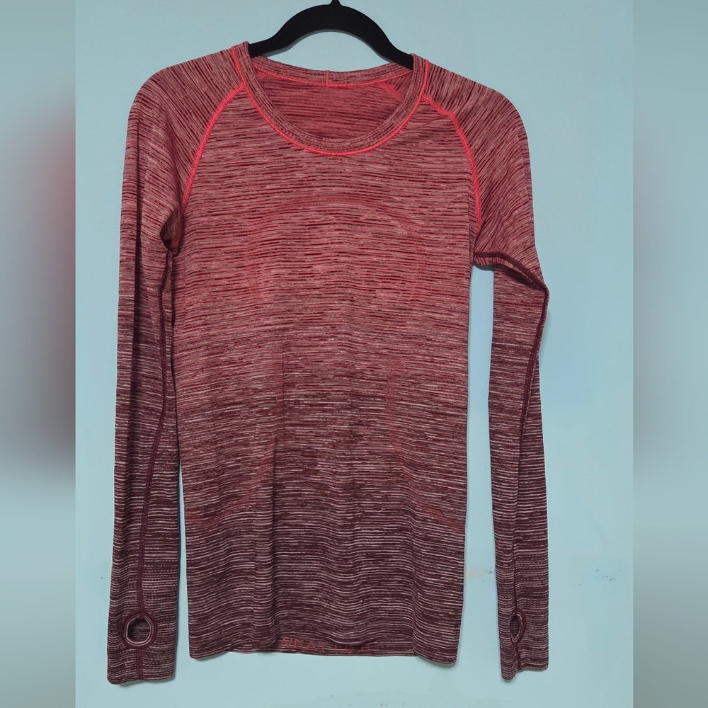 This is a Lululemon Swiftly Tech Long Sleeve Crew shirt in a red ombre colorway. - Picture 4 of 8